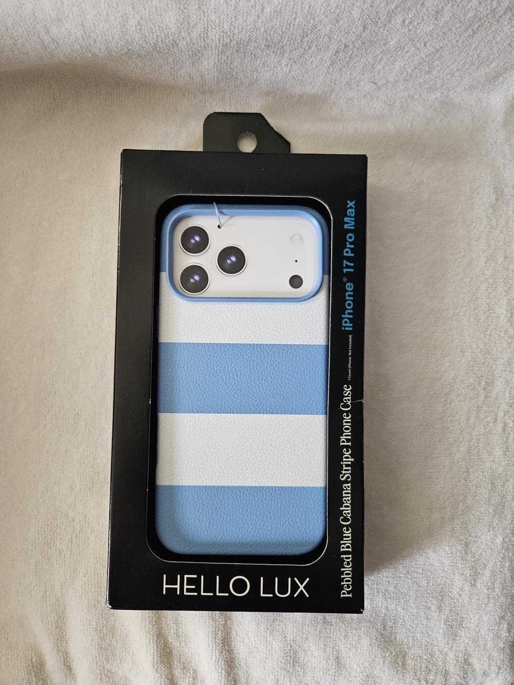 NIB HELLO LUX Blue Cabana Stripe Pebbled Leather iPhone 17 Pro Max Case